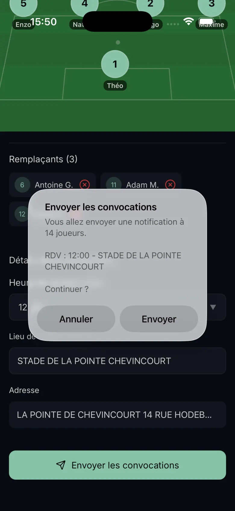 Confirmation d’envoi des convocations à 14 joueurs, rendez-vous 12h au stade.