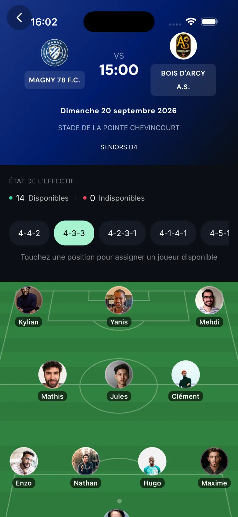 Feuille de match Magny 78 contre Bois d’Arcy, formation 4-3-3 avec photos des joueurs.