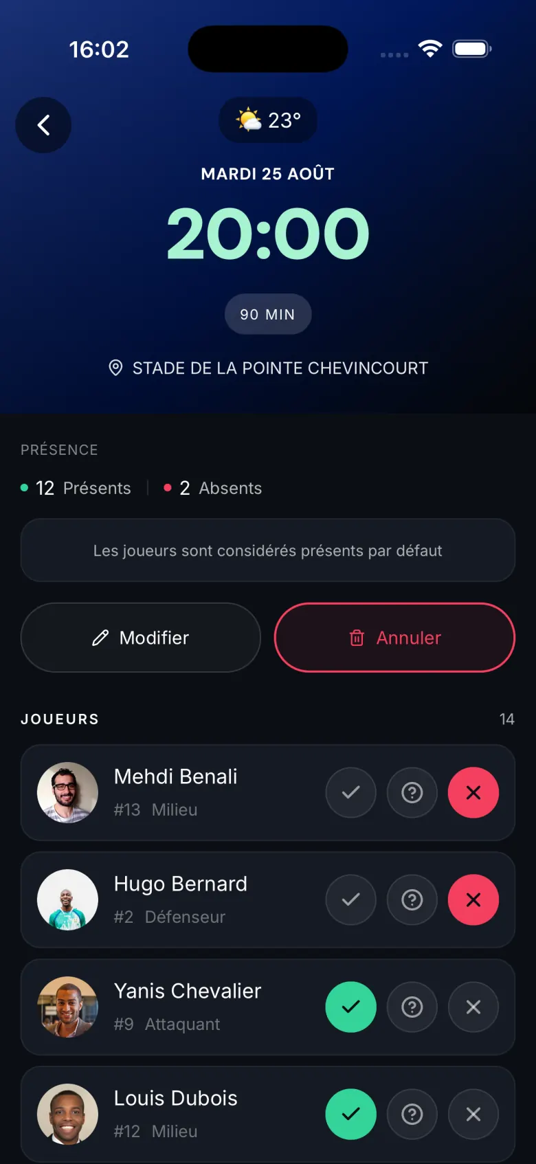 Séance du mardi 25 août : 12 présents, 2 absents, déclaration en un tap.